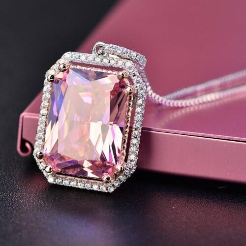 Luxury Womens Jewelry Sets Square Cut Citrine Pink Gemstone 9*11MM Earring Ring 12*16MM Necklace Anniversary Fashion