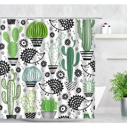 Cartoon Hedgehog Cactus Shower Curtain Tropical Green Plants Creative Wall Decor Hanging Cloth Bathroom Polyester Bath Curtains