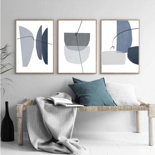 Blue Gray Geometric Abstract Painting Art Posters and Prints Mid Century Modern Wall Art Canvas Print Pictures Living Room Decor