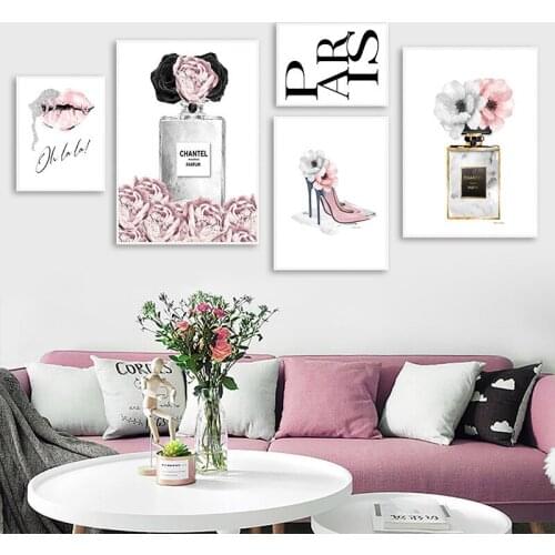 Modern Chinese still life canvas, alphabet perfume flowers and womens luxury gray pink series living room bedroom decoration