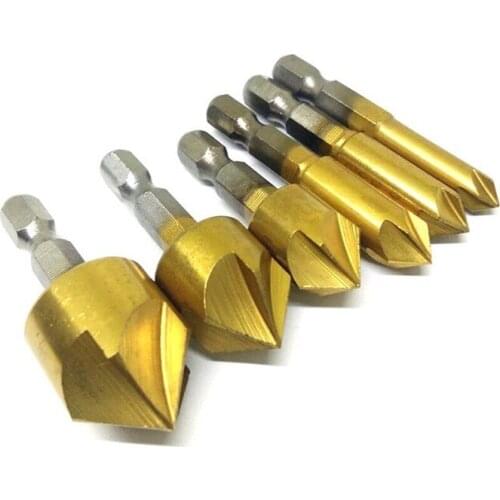6pcs 5 Flutes HSS Countersink Chamfer Drill Bit 1/4" Hex Shank Titanium Coated Woodworking Core Dril Bit Power Tool Accessories