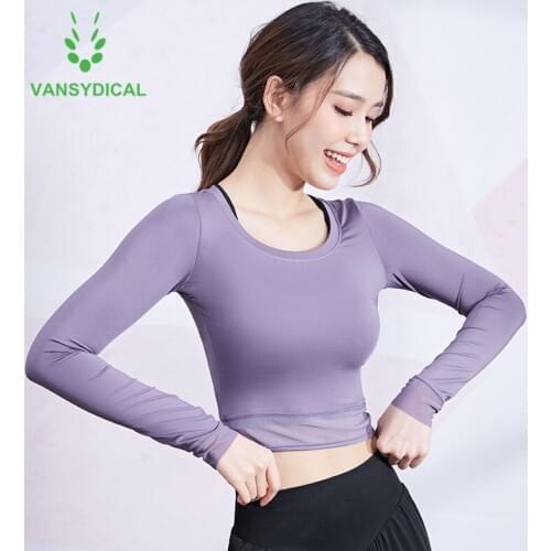 Vansydical Womens Mesh Yoga Shirts Long Sleeve Shirt Gym Sexy Cropped Top Running Fitness Workout Sports T-shirts Slim Yoga Top
