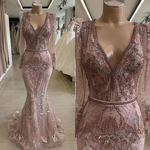 Luxurious Beaded African Dubai Evening Dresses Long Sleeves Deep V Neck Mermaid Prom Dress Vintage Sexy Formal Party Gowns