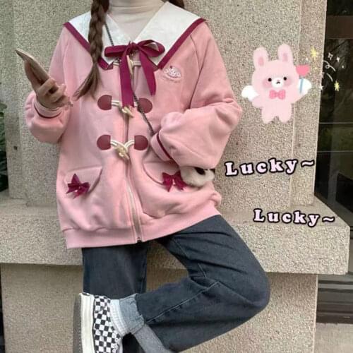 Spring Autumn Japanese Kawaii Sweatshirt Navy Collar Cute Pink Dog Student Korean Fashion Loose Tops Zipper Horn Button Hoodies