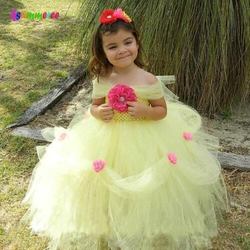 Girls Yellow Belle Tutu Dress Kids Princess Hot Pink Flower Handmade Clothing Baby Cosplay Fairy Outfit Formal Wedding Costume
