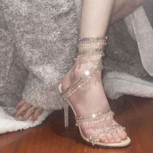 2021 Summer Crystal Pendant Sandals Women Stiletto Open Toe High Heels Sandalias Female Party Wedding Shoes Women Zapatos Mujer