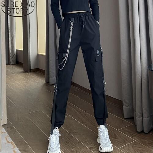 Women Cargo Pants Elastic Waist High Streetwear Buckle Ribbon Pocket Pant Jogger Harajuku Punk Ring Chain Females Trousers 12826