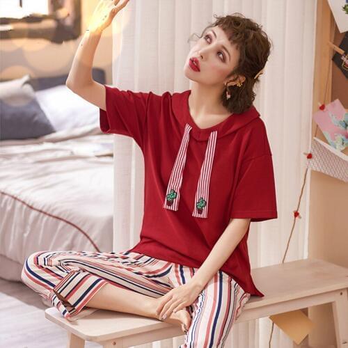 Pajamas for Women pure cotton,short sleeves Nine-cent pantsuit pajamas womens sweet,casual home clothes,women can wear suits