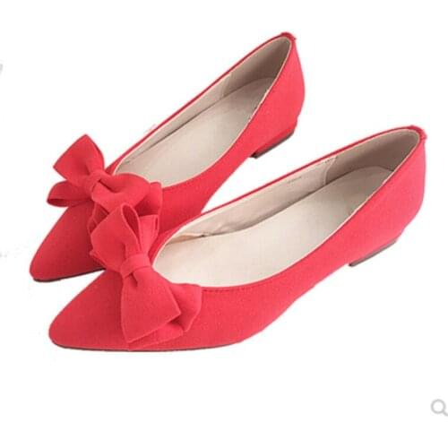 Ladies Oversize Shoes Pointed Toe Flats Sweet Style Cute Slip-on Flock Footwear Bow-knot Red Grey 44-33 Claussures Wide Fitting