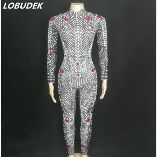 Luxury Pearl Rhinestones Women Jumpsuit Sexy Elegant Spandex Elastic Skinny Rompers Bar Party Birthday Celebrate Beads Tights