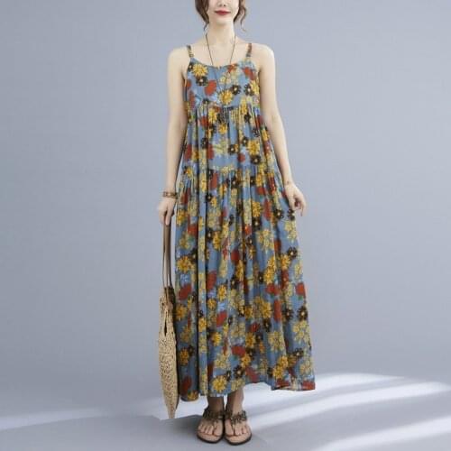 Women Print Floral Dresses Sleeveless Beach Vestidos Loose Sweet Summer Comfortable Spaghetti Strap Holiday Dress Cotton Linen