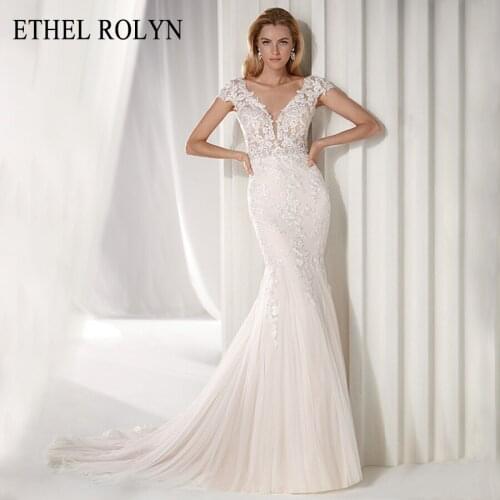 ETHEL ROLYN Sexy Backless Romantic Mermaid Wedding Dresses 2021 Illusion V-Neckline Short Vintage Wedding Gowns vestido de novia