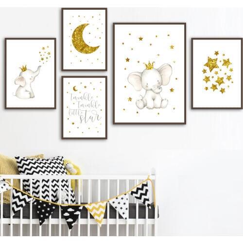 Golden Crown Elephant Stars Moon Life Quotes Wall Art Canvas Painting Nordic Posters And Prints Wall Pictures Kids Room Decor