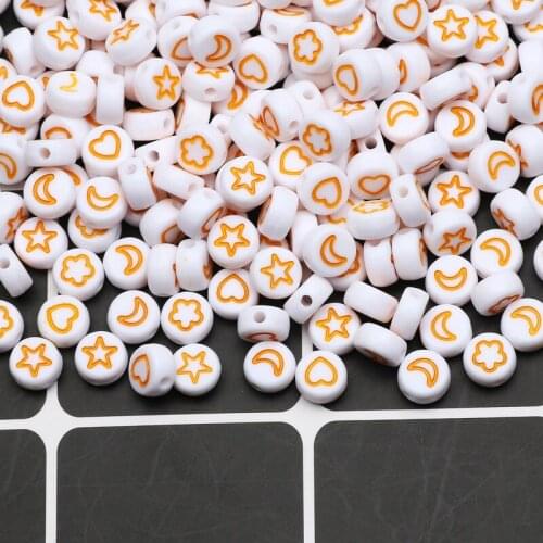 4x7mm Round White Acrylic Beads Mix Yellow Star/Heart/Moon Pattern Loose Spacer Beads For Jewelry Making DIY Accessories