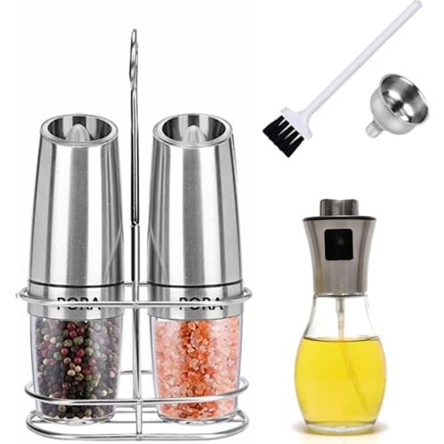 Automatic Pepper Mill Electric Salt and Pepper Grinder Olive Oil Spray Bottle Set,Metal Stand Kitchen Spice Mill Cooking Tools