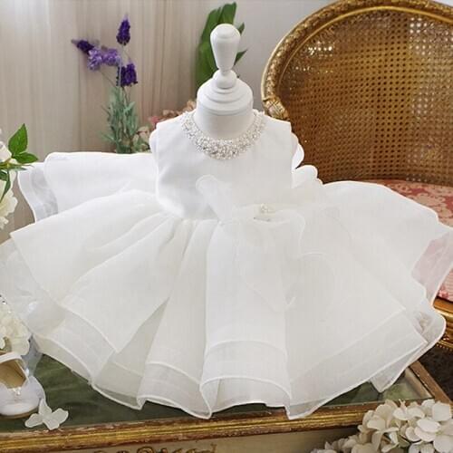 White Tulle Beaded Baby Girl Dresses For Wedding Princess Fluffy Lace Baby Girls Baptism Christening 1st Birthday Party Gown