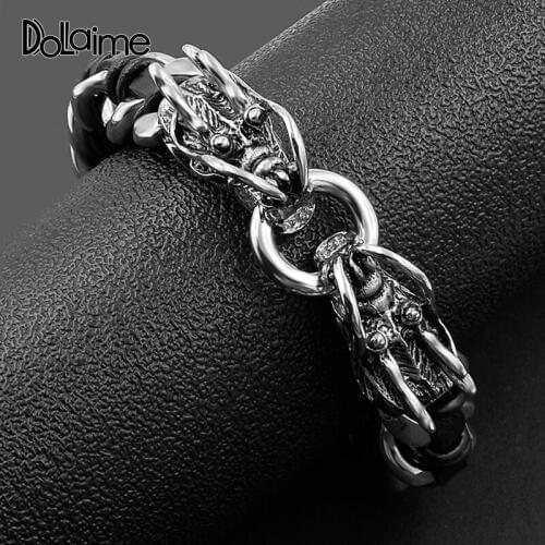 Dolaime Party Hot selling Chinese wind Men Stainless Steel Silver Color Double Dragon Head Black Leather Cord Bracelet BS071