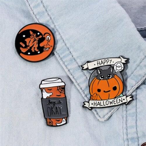 Happy halloween Enamel Pin cat pumpkin Bat Moon Elf Ghost Brooches Backpack Clothes Lapel Pin Badge Jewelry Gift Kids Friends