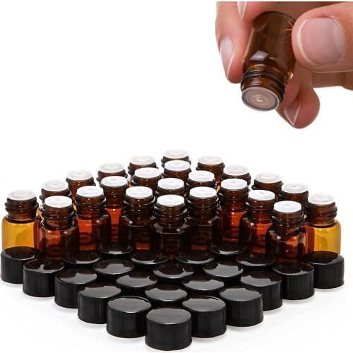 24pcs 1ml 2ml Essential Oil Sample Bottle Empty Amber Glass Mini Vials with Orifice Reducer Black Lids for doTERRA Young Living