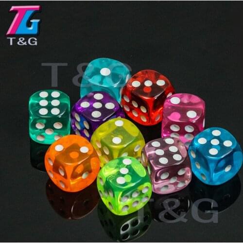 Colorful 14mm 10pcs/set Acrylic Transaprent d6 Dice,6 sided gambling red blue green yellow purple Dice for Drinking Board Game