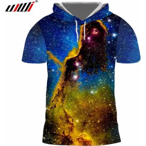 UJWI Tshirt With Cap Mens 3d Print Galaxy Space Hooded T-shirts Man Short Sleeve Hoodie Pullovers Quick Dry Fitness Shirts 6XL