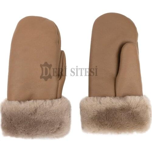 Mens Premium Shearling Sheepskin Fur Mittens Tan