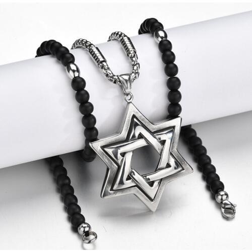 316L Stainless Steel Double Star Of David Pendant Necklace Black Beads Chain Sweater Chain Statement Necklace For Man