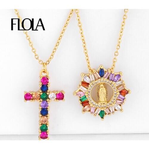 FLOLA Rainbow Virgin Mary Pendant Necklaces For Women Crystal Cross Necklaces Gold Religious Jewelry virgen de guadalupe nkeq16