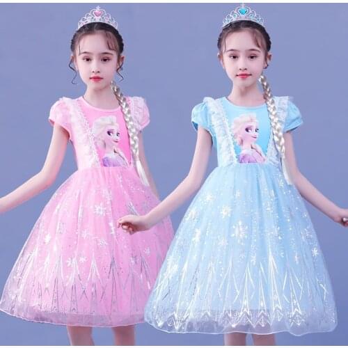 Disney Frozen Princess Elsa Dress Girls Party Vestidos Cosplay Girl Clothing Anna Snow Queen Print Birthday Dress Kids Costume