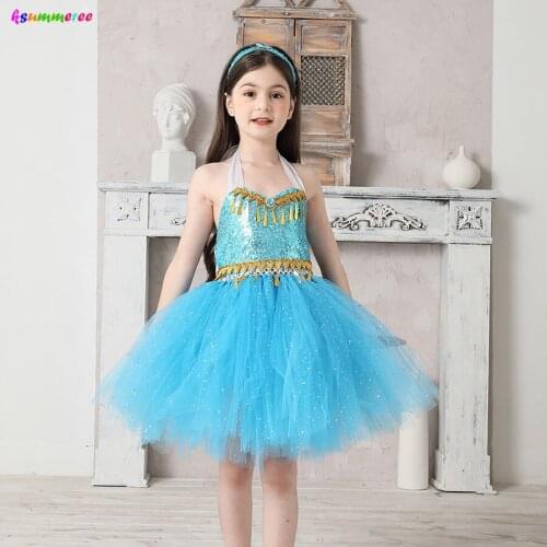 Jasmine Inspired Sparkly Girls Tutu Dress with Headband Kid Aladdin Cosplay Party Dress up Birthday Costume Arabian Clothing
