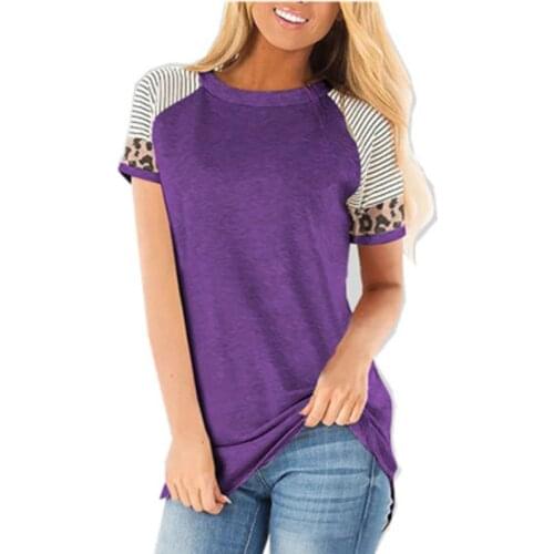 Spring And Summer Womens Casual Round Neck Leopard Pattern Splicing Short Sleeve Top Stripe ContrastMedium And Long Term T-shirt