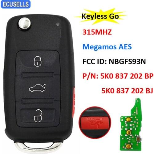 Smart Keyless Remote Car Key 315Mhz Megamos AES ID48 Chip NBGFS93N for Volkswagen Jetta Passat 5K0 837 202 BJ 5K0 837 202 BP