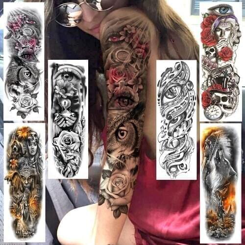 Sexy Evil Eye Owl Rose Temporary Tattoos Realistic Fake Sleeve Military Tribal Indian Wolf Full Arm Tatoos Sticker For Women Men