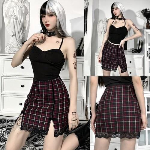Lace Plaid split stitching fashion youth womens half length A-line skirt 2021 summer fashion new womens Retro High thin minisk