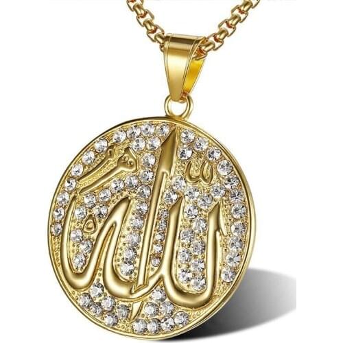 Hip Hop Jewelry Islamic Allah Full Crystals Pendant Necklaces for Men Women Titanium steel No Fade Gold Color