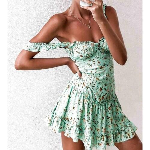 Boho Women Spaghetti Strap Floral Sundress Sweet Lace Ruched Ruffles Tutu Mini Dress A-Line Lady Flowers Strapless Dress 2021