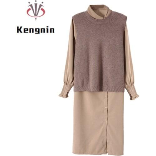 2021 Autumn Women Shirt Dress + Knitted Sweater Tank Tops Two Piece Sets Ladies Loose Oversized 4XL Casual 2-Piece Suits KE1788