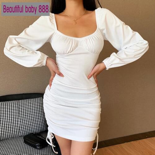 Meqeiss 2020 New Ribbed Side Drawstring Ruched Sexy Mini Dress Lantern Sleeve 2020 Autumn Backless Dresses Bodycon Women Clothes