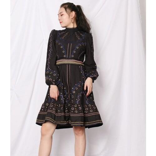 New Fashion Hollow Out High Waist Women Dresses Lantern Long Sleeves O-Neck A-Line Lady Dress White Bohemian