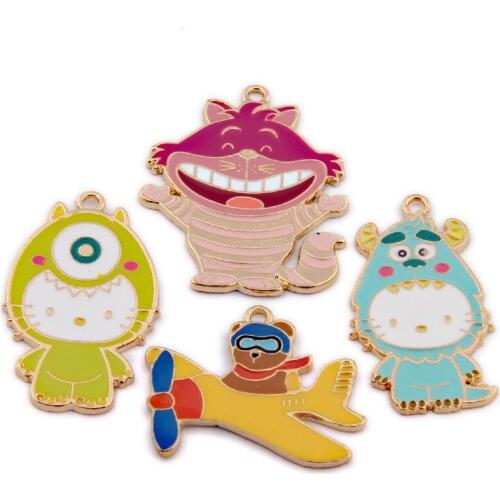 10Pcs Cute Alice Cat Airplane Pilot Dog Enamel Mini Charm DIY for Necklace Earring Pendant Dangle Charms Handmade Jewelry Make