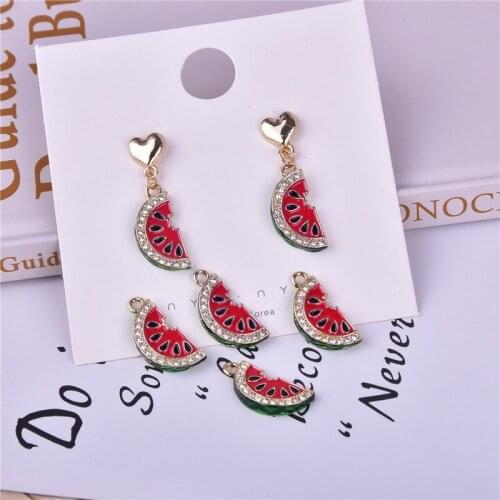 MuhNa 10pcs 3D Watermelon Fruit Enamel Metal Charms Chic Rhinestone Watermelon Slice Earring Bracelet Pendant DIY Jewelry Making