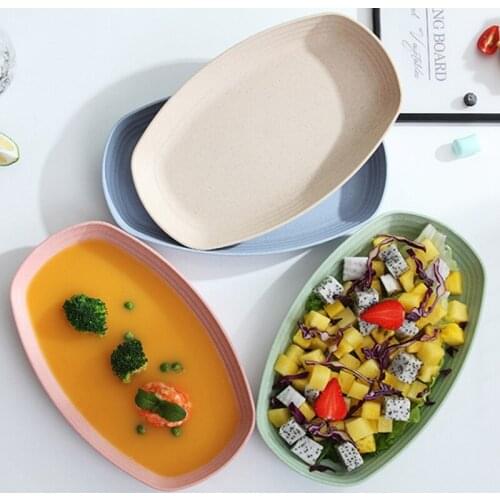 4Pcs Wheat Straw Oval Shape Fruit Dessert Food Storage Plates