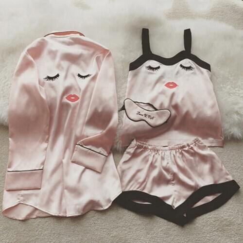 4 Pieces Women Summer Pajamas Top Shorts Robe Eye Mask Sleepwear Clothing Set