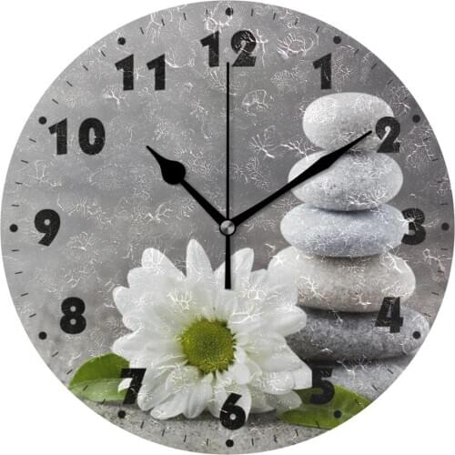 Hipster Zen Stone And Flower Round Wall Clock Silent Non Ticking Wall Watch Home Office School Decorative Quiet Clock Art