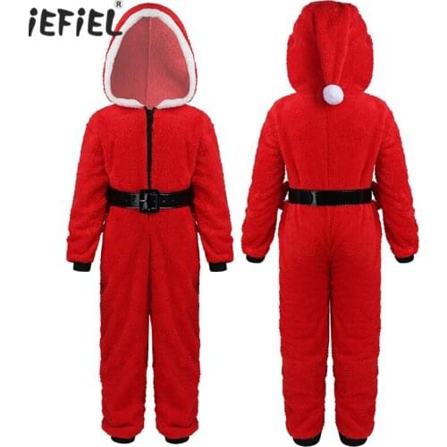 Iefiel Kids Girls Christmas Santa Costume Soft Coral Fleece Hooded Christmas Holiday Cosplay Theme Jumpsuit Pajamas Dress Up