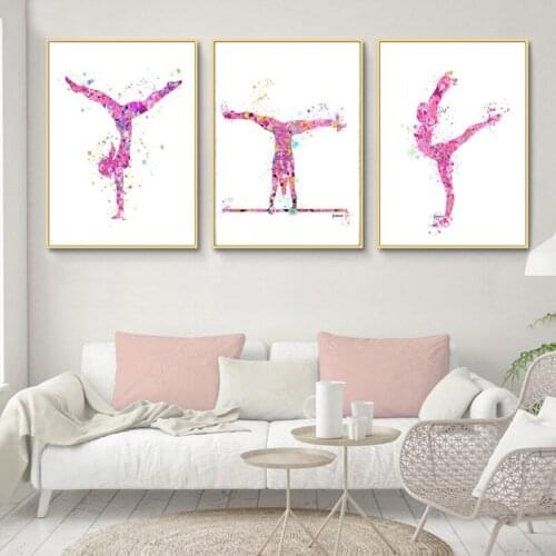 Girls colorful watercolor gymnastics posters and prints, abstract canvas paintings, Nordic murals, drawing of the living room