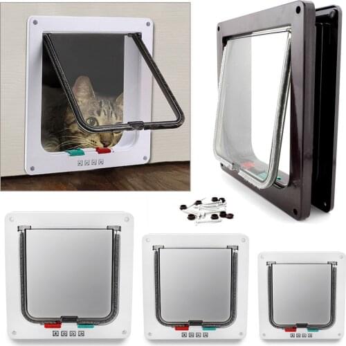 Cat Door 4 Way Locking Cat Flap Door White Brown Pet Doors for Cats Dogs Suitable for Door Wall