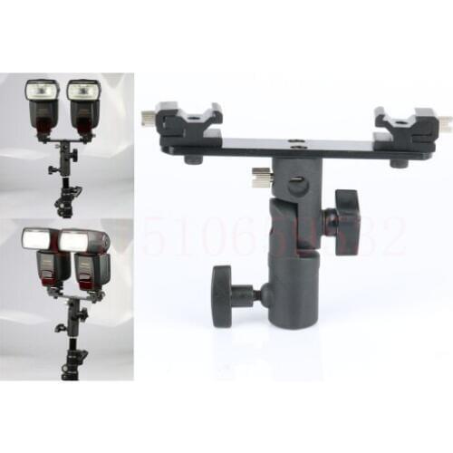 Double Twins Dual Hot Shoe Speedlight Stand Bracket Mount Holder for Flash Light Swivel Lamp Bulb with Umbrella Socket