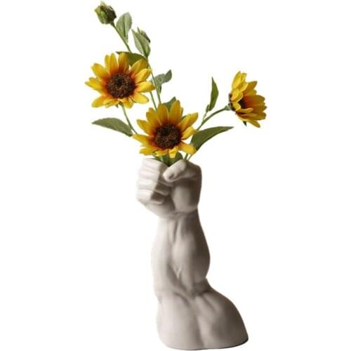 Electroplating Human Abstract Statue Sculpture Silver Power Art Vase Kirin Arm Ceramic Vase Living Room Home Decoration Vase