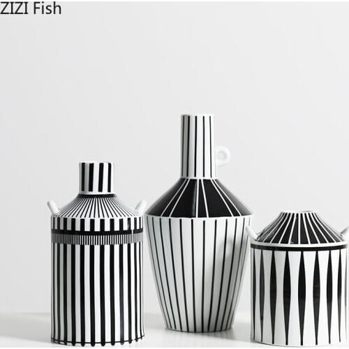 Geometric Decor Ceramic Vase Black Striped Flower Arrangement Ornaments Porcelain Desktop Vases Home Decoration Accessories